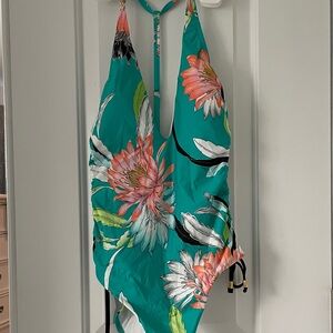 Trina Turk Shangri la Teal Floral Halter One-Piece Swimsuit with Pink Accents